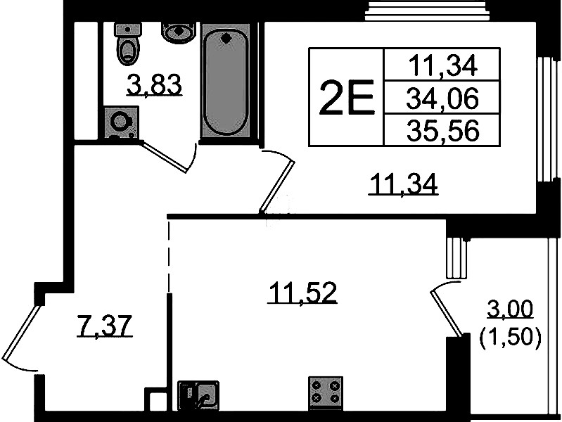 1-комнатная квартира 35.56 м², 8/15 эт., ЖК «GloraX Парголово»